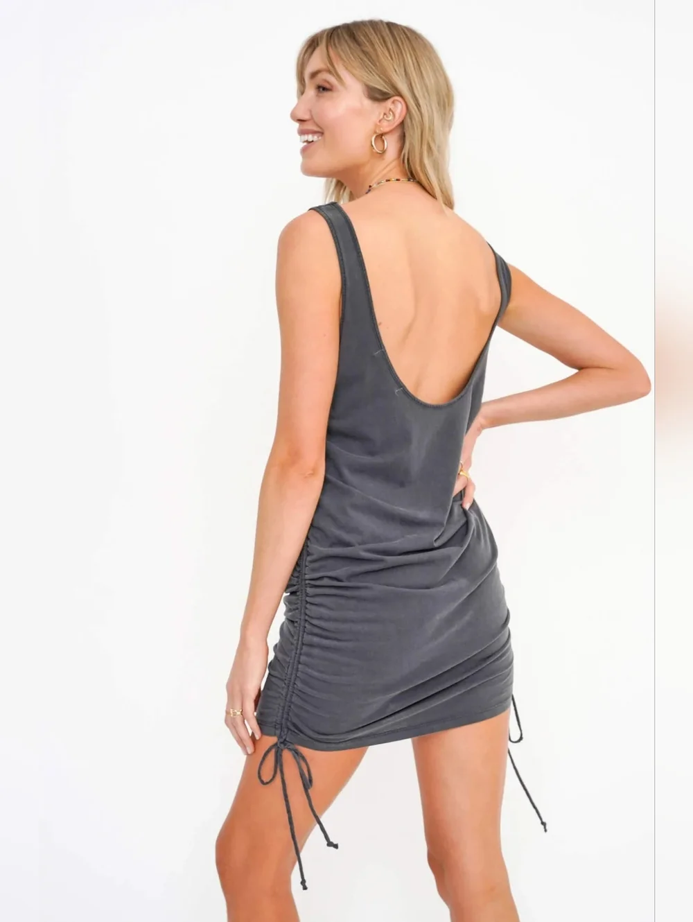 Project Social T Charcoal Scoop Neck Ruched Tank Dress - Picture 3 of 7